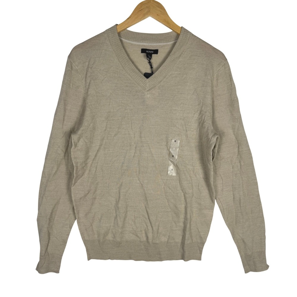Alfani Men V Neck Merino Wool Blend Sweater Almond Crush Beige Small 100173353MN